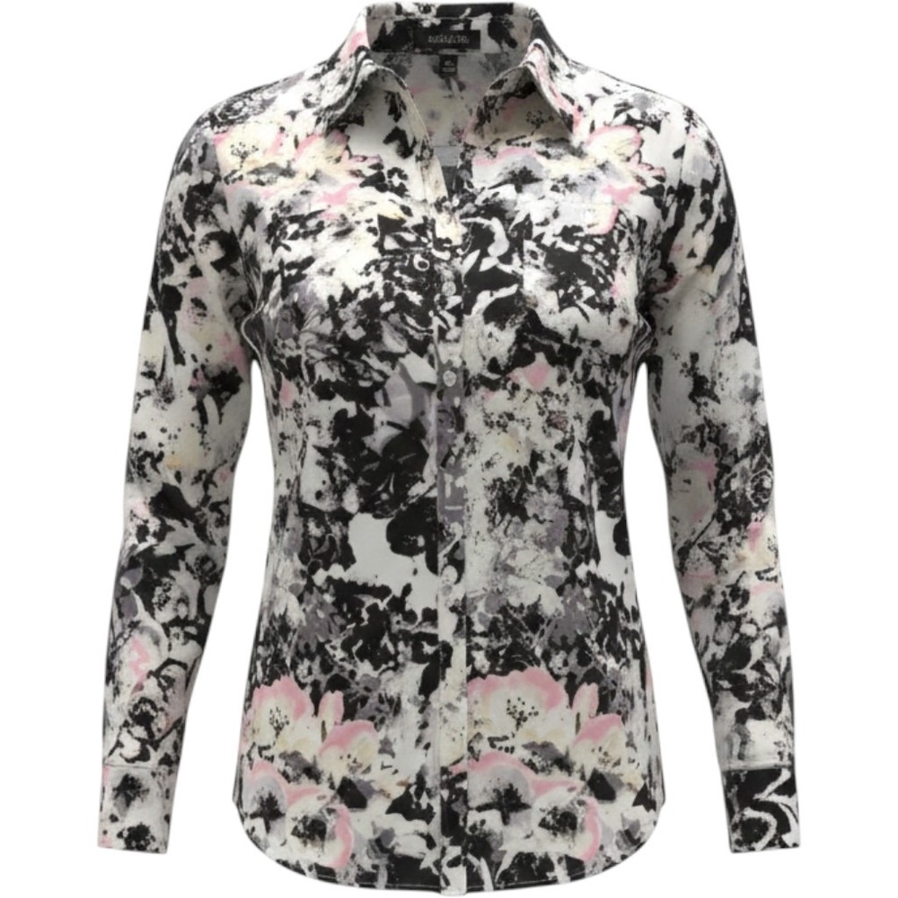 Talbots Petites Womens 12P Abstract Floral Button Down Blouse Black Pink White